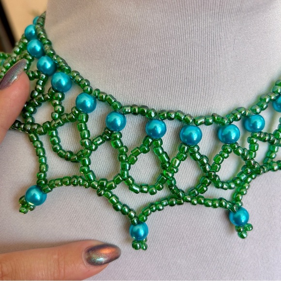 Handcrafted Beaded Choker Sea Green Green & Aqua Mermaid Boho Necklace - Picture 9 of 9